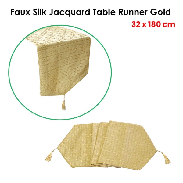Faux Silk Geometric Jacquard Tablerunner Gold 32 x 180cm