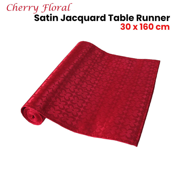 Floral Satin Jacquard Table Runner Cherry Red 30 x 160cm