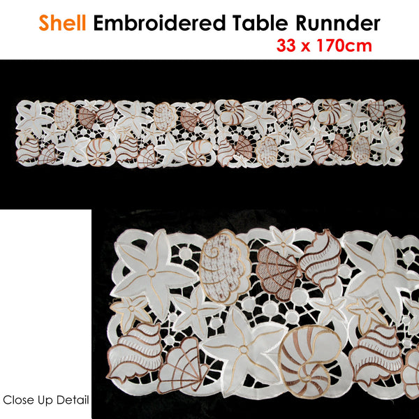 Embroidered Seashell Shell Table Runner 33 x 170cm Naural Brown