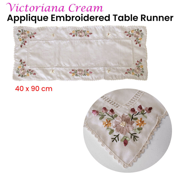 Victoriana Floral Applique Embroidered Tablerunner 40 x 90cm Cream