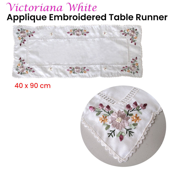 Victoriana Floral Applique Embroidered Table Runner 40 x 90cm white