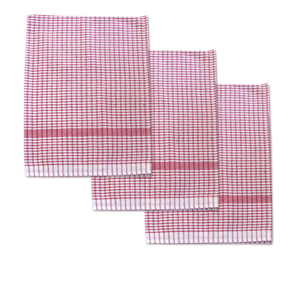 Set of 3 Jumbo Cotton Checked Tea Towels 60 x 90cm Red