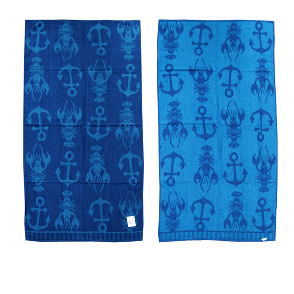 Jacquard Velour Cotton Reversible Beach Towel 81 x 162cm Blue Anchor Lobster