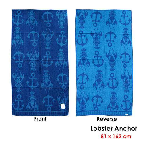 Jacquard Velour Cotton Reversible Beach Towel 81 x 162cm Blue Anchor Lobster