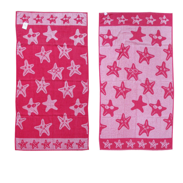 Jacquard Velour Cotton Reversible Beach Towel 81 x 162cm Hot Pink Starfish