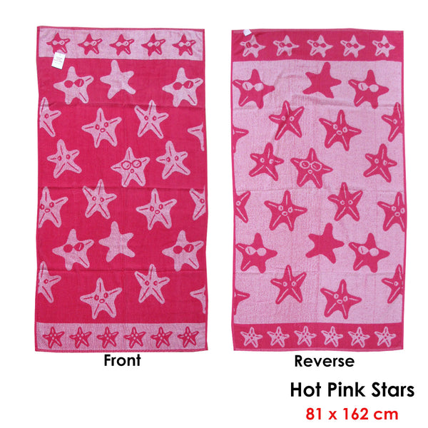 Jacquard Velour Cotton Reversible Beach Towel 81 x 162cm Hot Pink Starfish