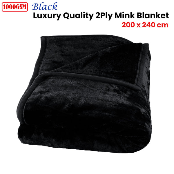 1000GSM 2 Ply Mink Blanket Rug Throw Queen Black 200 x 240cm