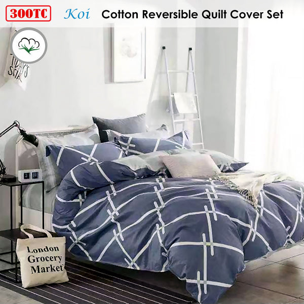 Koi Cotton Reversible 350TC Quilt Doona Duvet Cover Set Grey White King
