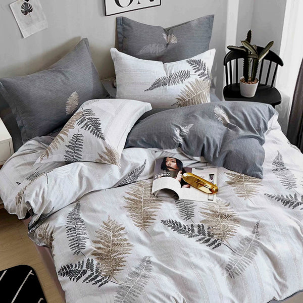 Leaves Reversible Cotton Quilt Doona Duvet Cover Set Grey White Queen