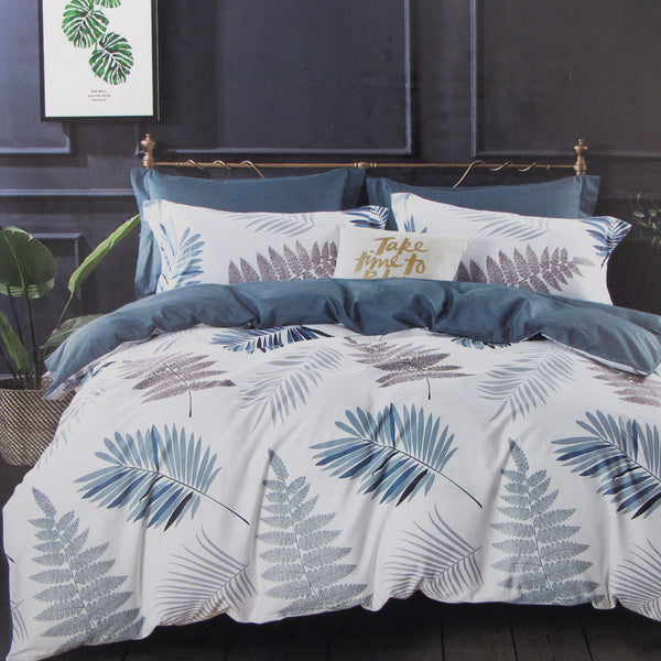 Destiny Leaves Cotton Reversible Quilt Doona Duvet Cover Set Blue Queen