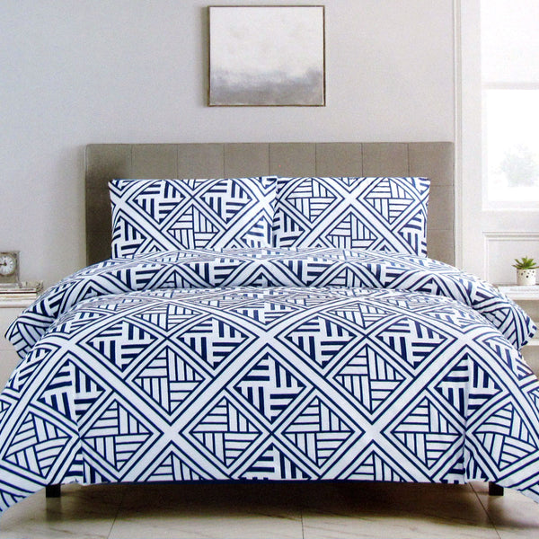 Enzi Geometric Printed Microfibre Quilt Doona Duvet Cover Set Blue Queen