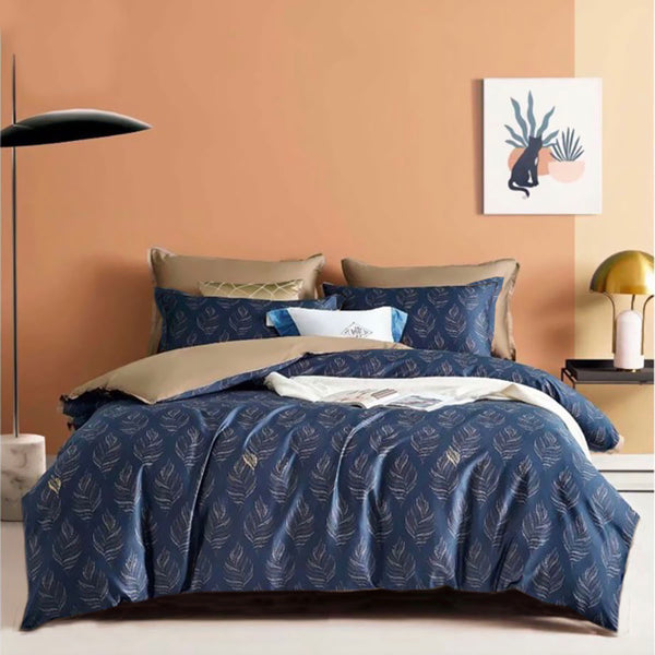 Foliole Foliage 400TC Cotton Sateen Quilt Doona Duvet Cover Set Navy Queen