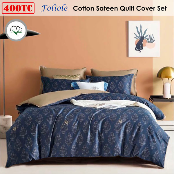 Foliole Foliage 400TC Cotton Sateen Quilt Doona Duvet Cover Set Navy Queen
