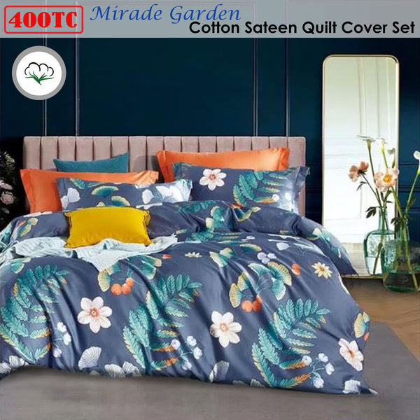 Mirade Garden 400TC Cotton Sateen Quilt Doona Duvet Cover Set Blue Queen