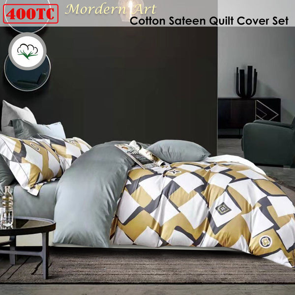 Geometric 400TC Cotton Sateen Quilt Doona Duvet Cover Set Grey Queen
