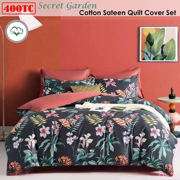 Secret Garden 400TC Cotton Sateen Quilt Doona Duvet Cover Set Queen