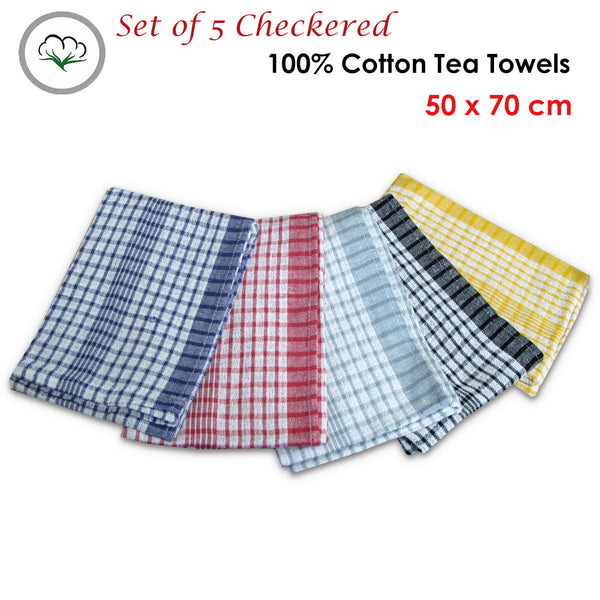 Hotel Living Set of 5 Checked Cotton Tea Towels Multicoloured