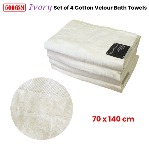 Set of 4 500gsm Cotton Velour Bath Towels Ivory 70 x 140 cm