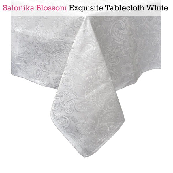 Salonika Blossom Floral Jacquard Tablecloth White 180 x 310cm