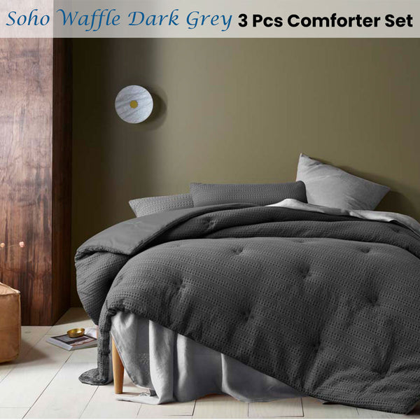 Accessorize Soho Waffle Dark Grey 3 Pce Comforter Bedspread Coverlet Set Queen