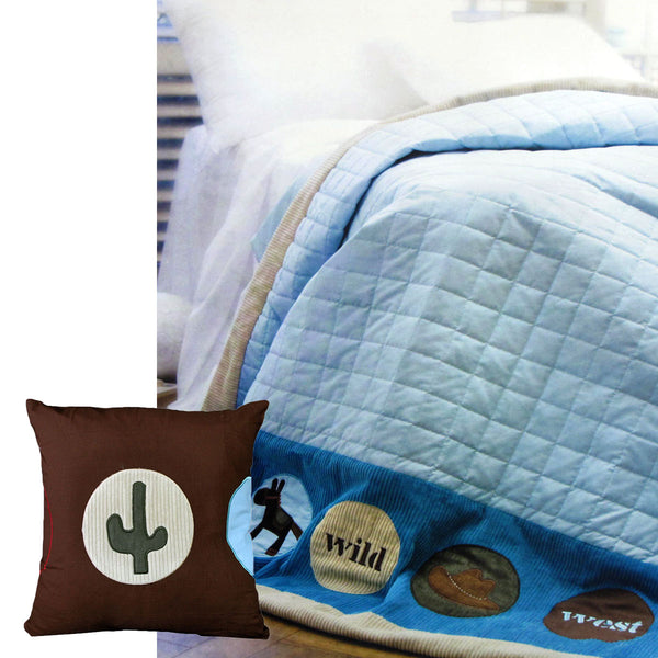 Happy Kids Wild West Cowboy Blue Embroidered Comforter Bedspread Cushion