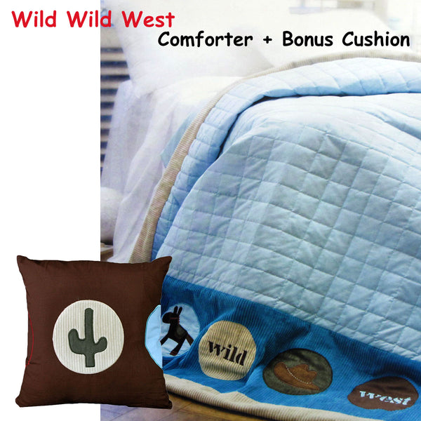 Happy Kids Wild West Cowboy Blue Embroidered Comforter Bedspread Cushion