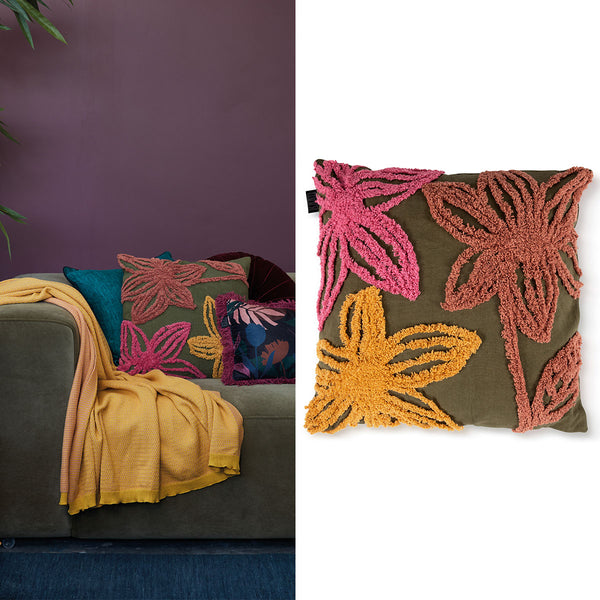 Bedding House Posy Textured Flowers Olive Green Filled Square Cushion 45cm