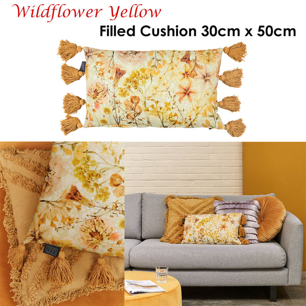 Bedding House Wildflower Fringed Filled Cushion Rectangle 30x50cm Yellow