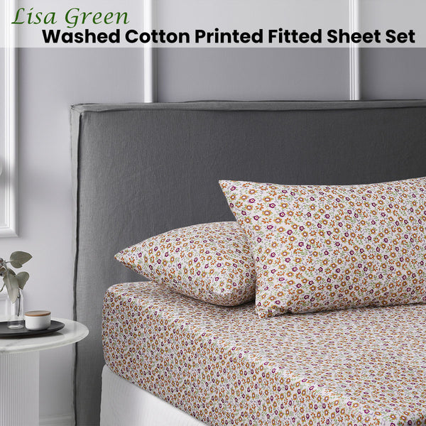 Accessorize Lisa Floral Green Washed Cotton Printed Fitted Sheet Set King