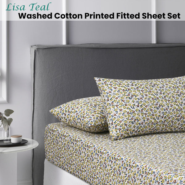Accessorize Lisa Floral Teal Blue Washed Cotton Printed Fitted Sheet Set Double