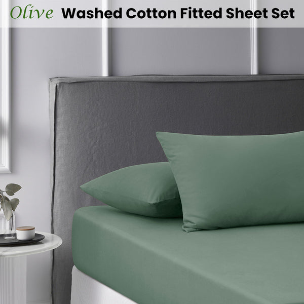 Accessorize 180TC Olive Green Washed Cotton Fitted Sheet Set King