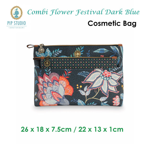 PIP Studio Combi Flower Festival Dark Blue Travel Cosmetic Makeup Bag Pouch