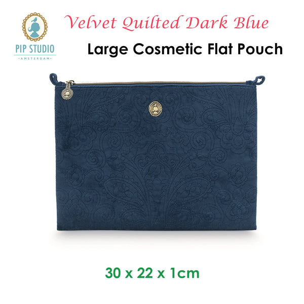 PIP Studio Velvet Quilted Dark Blue Large Travel Cosmetic Makeup Pouch