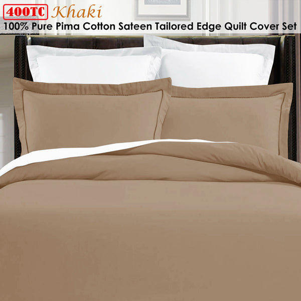 Grand Aterlier Pima 400TC Cotton Khaki Edge Quilt Doona Duvet Cover Set King