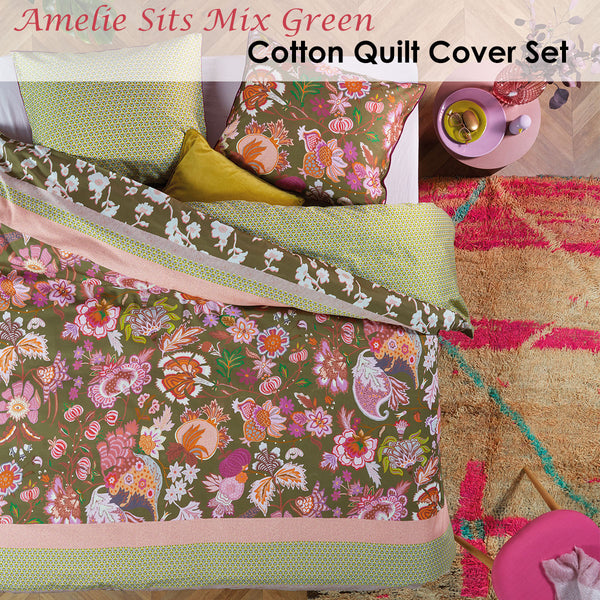 Oilily Amelie Sits Floral Green Cotton Sateen Quilt Doona Duvet Cover Set King