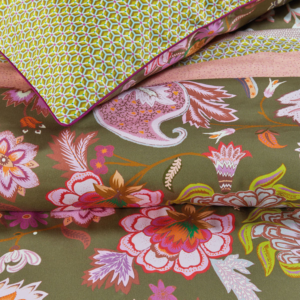 Oilily Amelie Sits Floral Green Cotton Sateen Quilt Doona Duvet Cover Set Queen