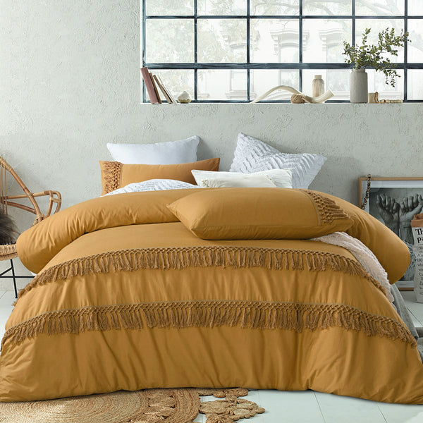 Accessorize Tassel Cotton Quilt Doona Duvet Cover Set Ochre Brown King