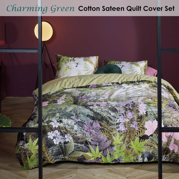 Bedding House Charming Green Floral Leaves Cotton Sateen Quilt Cover Set King
