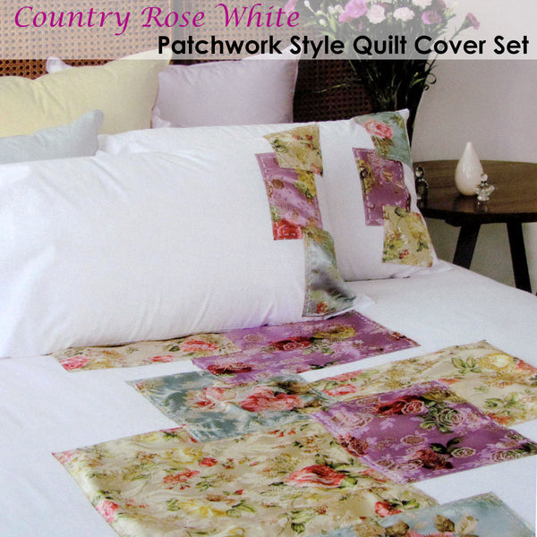Accessorize Country Rose Floral Patchwork White Quilt Cover Set Queen