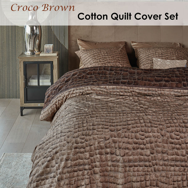 Riviera Maison Crocodile Skin Print Brown Cotton Quilt Cover Set Queen