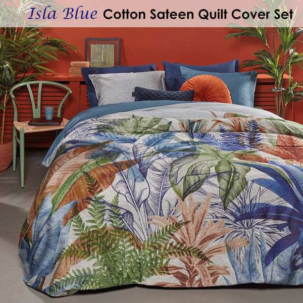 Bedding House Isla Blue Cotton Sateen Quilt Doona Duvet Cover Set Queen