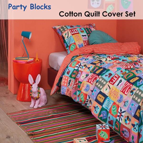 Oilily Party Blocks Patchwork Cotton Quilt Doona Duvet Cover Set Single