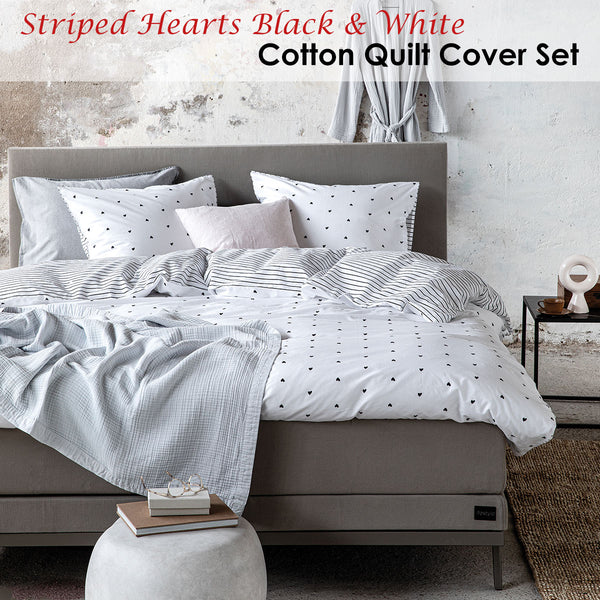 VTWonen Striped Hearts Black White Cotton Quilt Doona Duvet Cover Set King