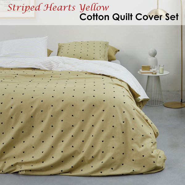 VTWonen Striped Hearts Yellow Cotton Quilt Doona Duvet Cover Set Queen