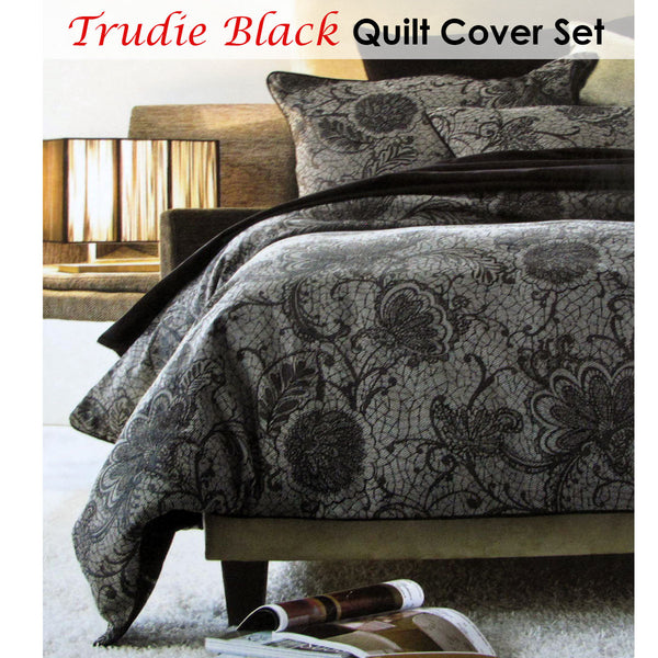 Accessorize Trudie Floral Black Jacquard Quilt Doona Duvet Cover Set Single