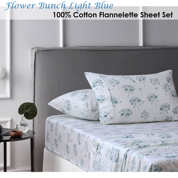 Accessorize 140gsm Cotton Flannelette Sheet Set Flower Bunch Light Blue Single