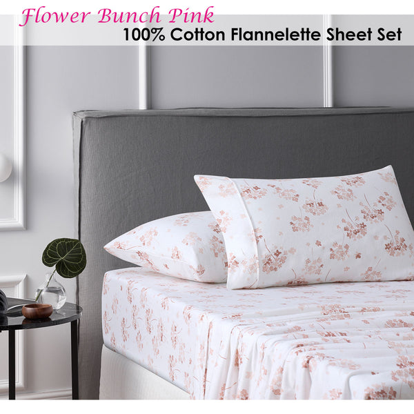 Accessorize 140gsm Cotton Flannelette Sheet Set Flower Bunch Pink King