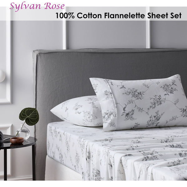 Accessorize 140gsm Cotton Flannelette Sheet Set Sylvan Rose Grey Single