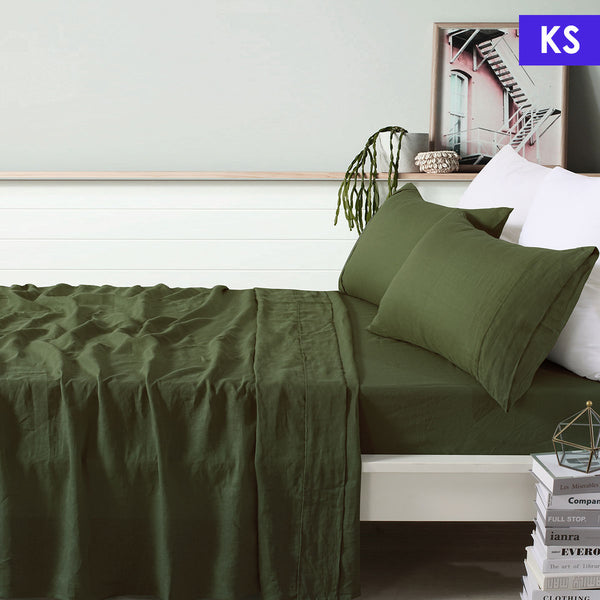 Vintage Design Homewares Linen Olive Green Sheet Set King Single