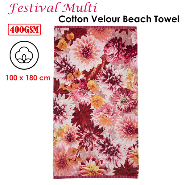 Bedding House Festival Floral Pink Cotton Velour Beach Towel